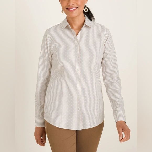 Chicos Coolmax All Season No Iron Sand Jacquard Dot Striped Button Up Sh… - Picture 1 of 13